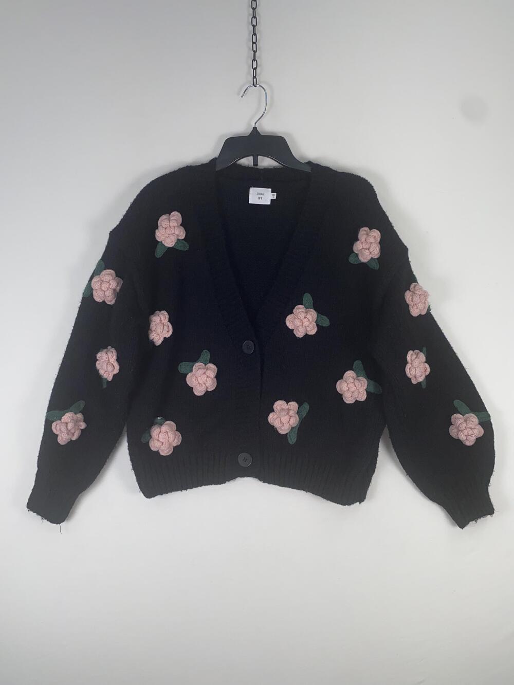 Luna Ivy Cardigan Sweater Womens Small Black 3D Flower Crochet Knit Button Front